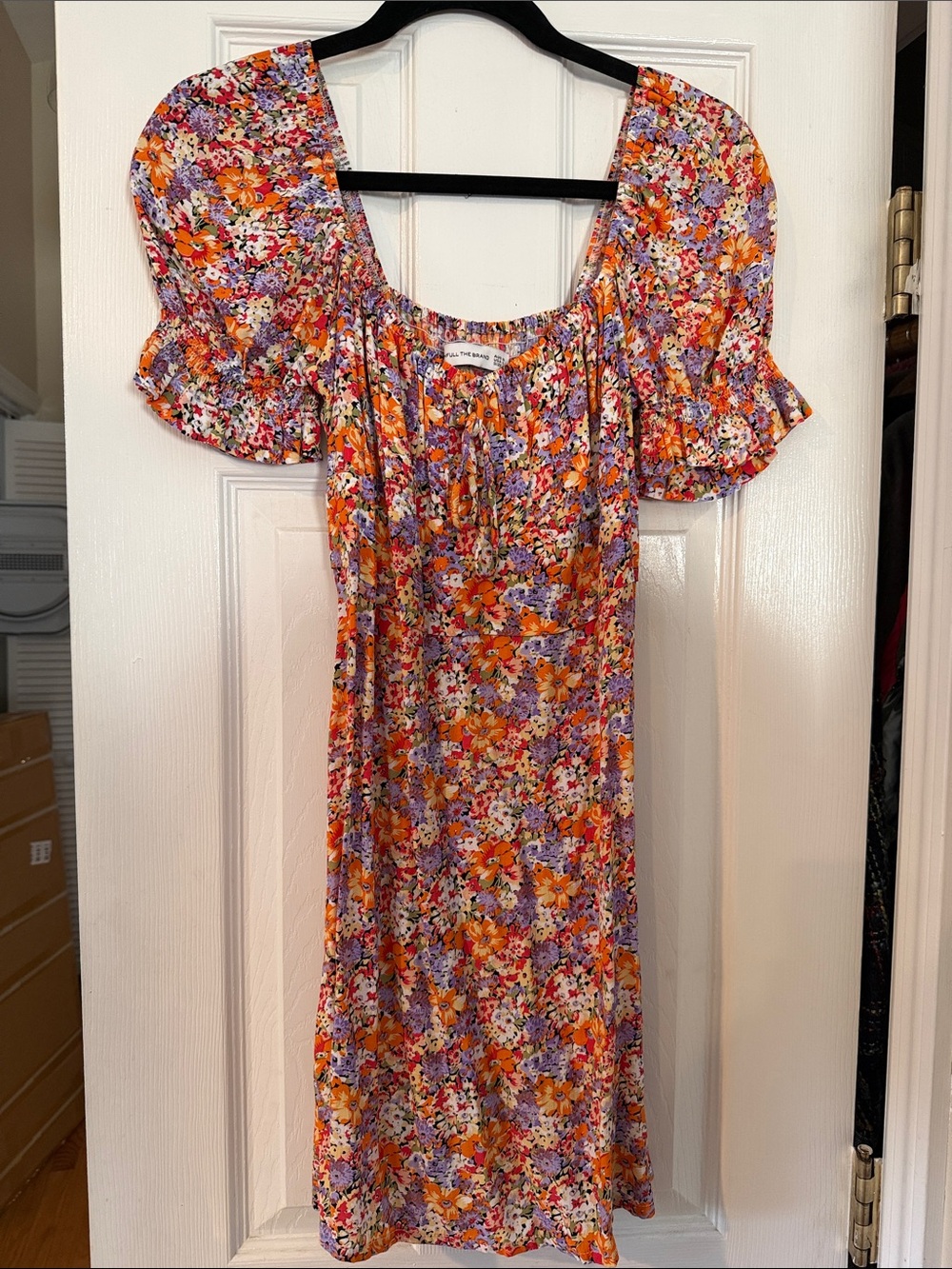 Faithfull The Brand Floral Puff Sleeve Midi Dress in Orange & Purple